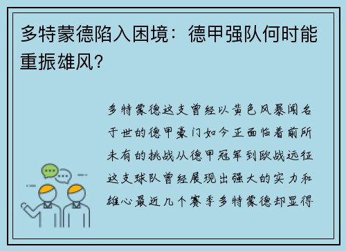 多特蒙德陷入困境：德甲强队何时能重振雄风？
