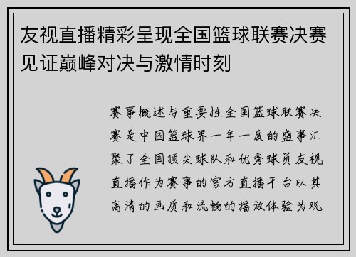 友视直播精彩呈现全国篮球联赛决赛见证巅峰对决与激情时刻