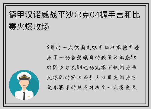 德甲汉诺威战平沙尔克04握手言和比赛火爆收场